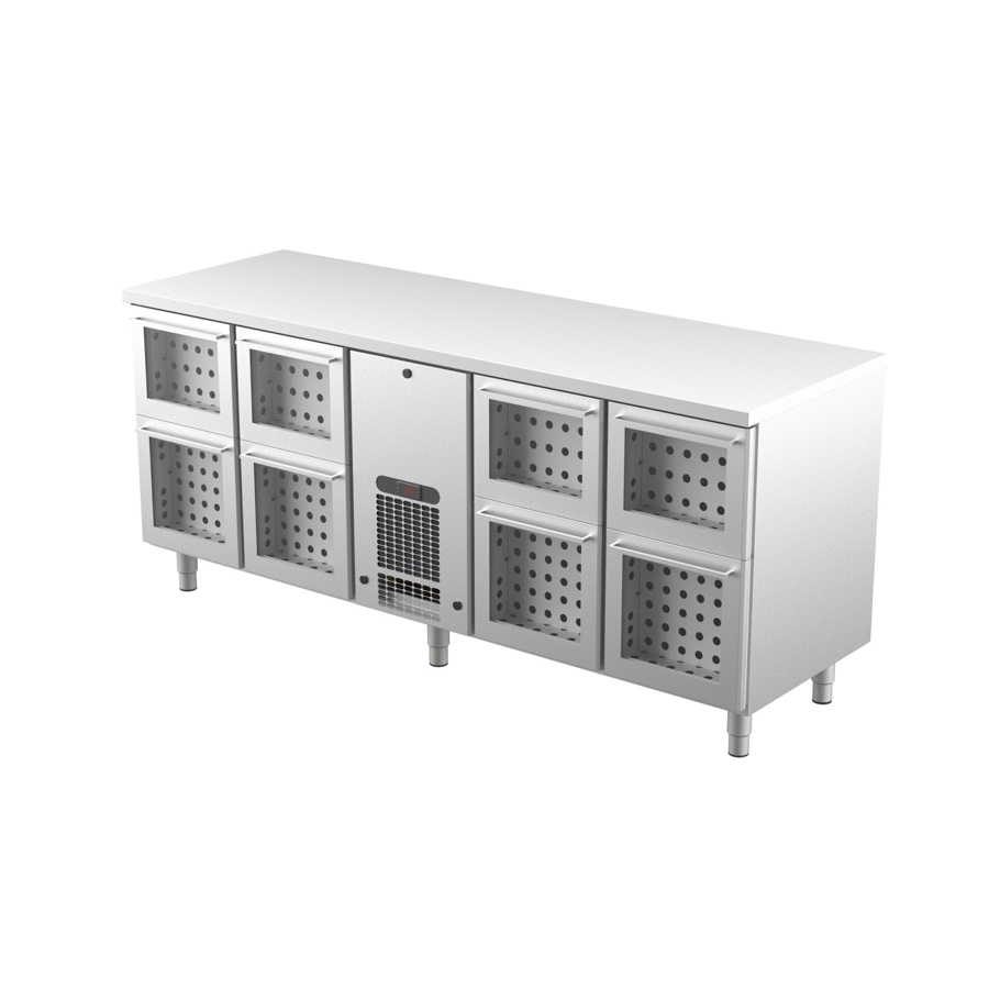 REFRIGERATED BAR COUNTER FOR BEVERAGES WITH 9 GLASS DRAWERS 2000mm