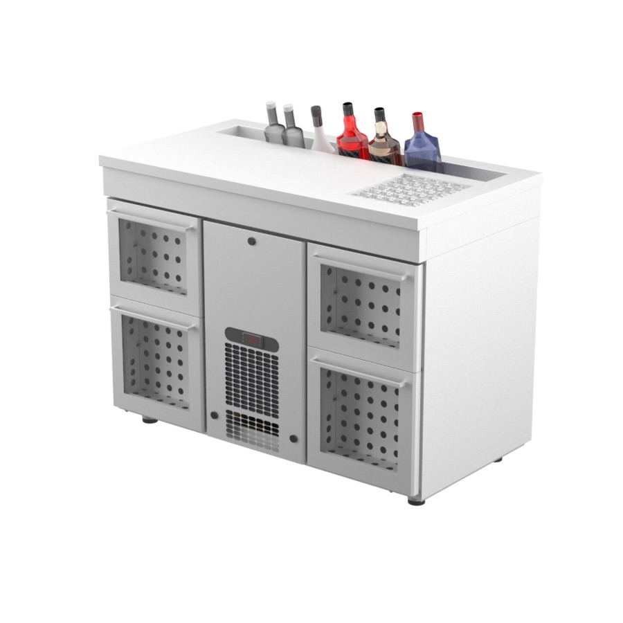 REFRIGERATED BAR COUNTER WITH ICE WELL & BOTTLES HOLDER, GLASS DRAWERS 1200mm